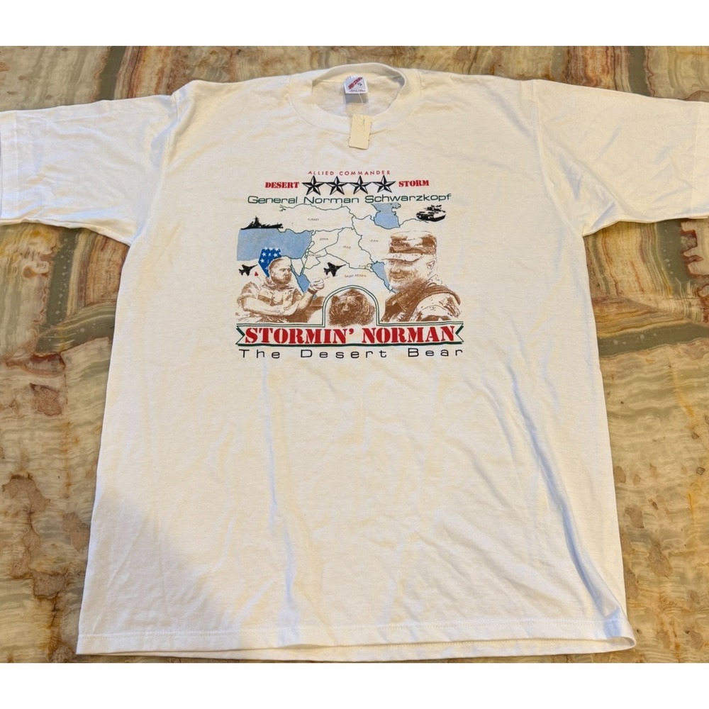 Jerzees Mens T-Shirt White Desert Storm Norman Schwarzkopf USA Made XL VTG NWT